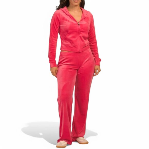 JUICY COUTURE BLING Velour TRACKSUIT Size L Pants + Hoodie 2 Piece Set Hot Pink - Picture 2 of 16